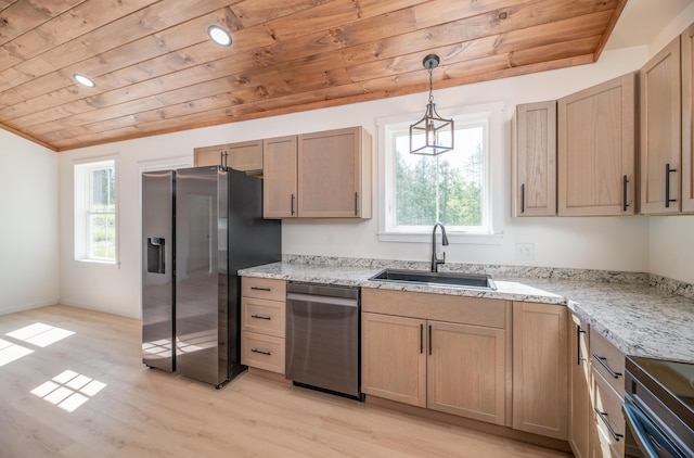 6 Walker Rd, Embden, ME 04958 - kitchen featuring stainless steel appliances, a sink, wood ceiling, plenty of natural light, and light wood-type flooring