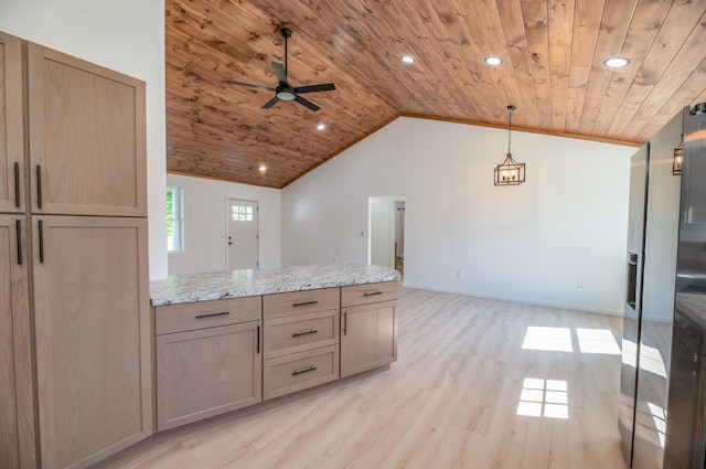 6 Walker Rd, Embden, ME 04958 - kitchen featuring wooden ceiling, lofted ceiling, light wood finished floors, ceiling fan, and light stone counters