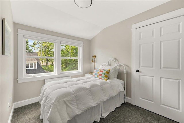 48 Ocean St, Belfast, ME 04915 - bedroom featuring vaulted ceiling and dark colored carpet