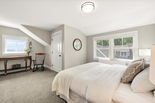 48 Ocean St, Belfast, ME 04915 - carpeted bedroom featuring lofted ceiling, multiple windows, and radiator
