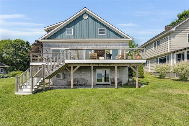 48 Ocean St, Belfast, ME 04915 - back of house featuring a deck, stairway, a yard, board and batten siding, and french doors