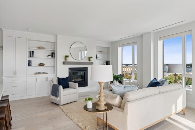 387 Commercial St Unit 527, Portland, ME 04101 - living area with light wood-style flooring, a glass covered fireplace, and built in features