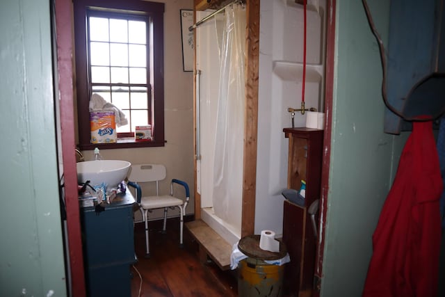 95 Wiley Rd, Greene, ME 04236 - full bathroom with a shower with curtain, wood finished floors, and vanity