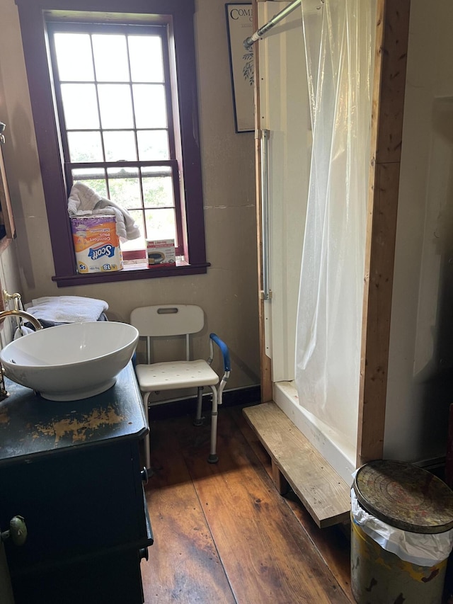 95 Wiley Rd, Greene, ME 04236 - full bath featuring a shower with shower curtain, hardwood / wood-style floors, and vanity