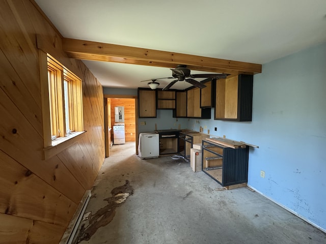 47 Witham Ln, Augusta, ME 04330 - kitchen with wooden walls, concrete flooring, a ceiling fan, and beam ceiling