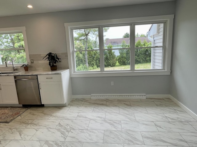10 Crawford Dr, Bath, ME 04530 - kitchen featuring dishwasher, a baseboard radiator, light marble finish flooring, healthy amount of natural light, and recessed lighting