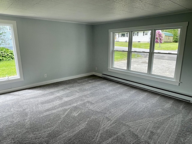 10 Crawford Dr, Bath, ME 04530 - empty room with baseboard heating, carpet floors, baseboards, and ornamental molding