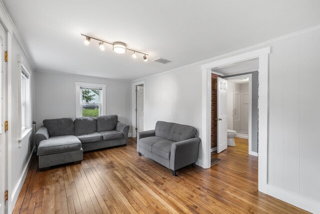 156 Lebanon Rd, North Berwick, ME 03906 - living room featuring light wood-type flooring, ornamental molding, baseboards, and track lighting