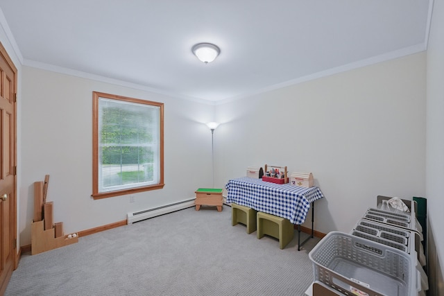 76 Bunny St, Augusta, ME 04330 - bedroom featuring a baseboard heating unit, crown molding, carpet floors, and baseboards