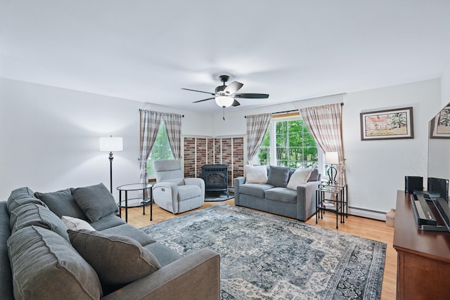 76 Bunny St, Augusta, ME 04330 - living room with a wood stove, ceiling fan, and light wood finished floors