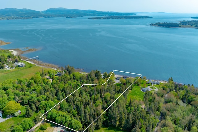 463 Seawall Rd, Southwest Harbor, ME 04679 - aerial overview of property's location featuring a water and mountain view and property boundaries highlighted