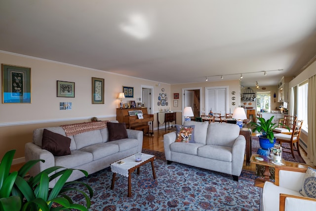 463 Seawall Rd, Southwest Harbor, ME 04679 - living room featuring wood finished floors, ornamental molding, and track lighting