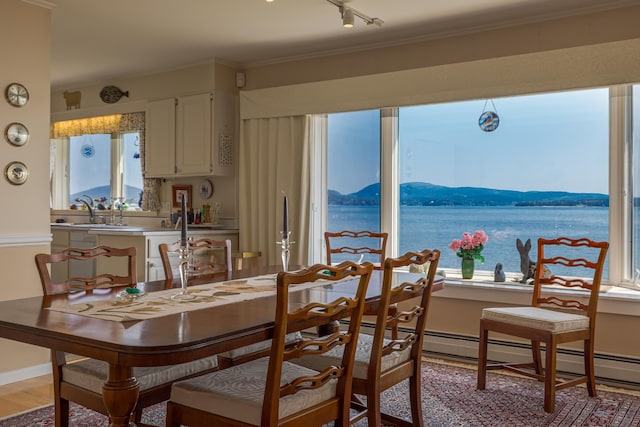 463 Seawall Rd, Southwest Harbor, ME 04679 - dining area featuring a water and mountain view, light wood-style floors, track lighting, and crown molding