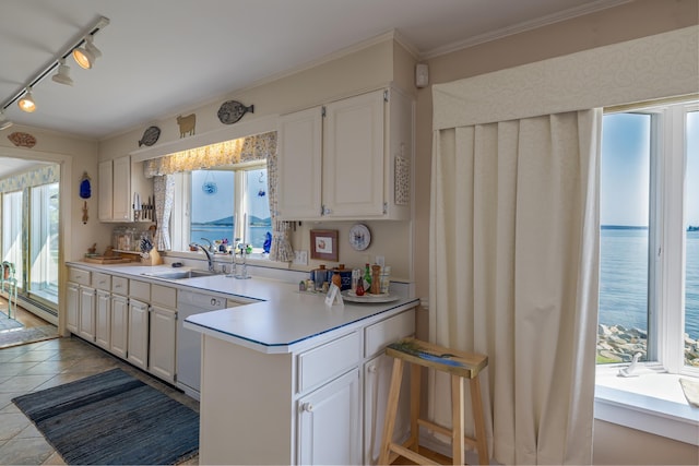 463 Seawall Rd, Southwest Harbor, ME 04679 - kitchen with track lighting, crown molding, a peninsula, white dishwasher, and light countertops