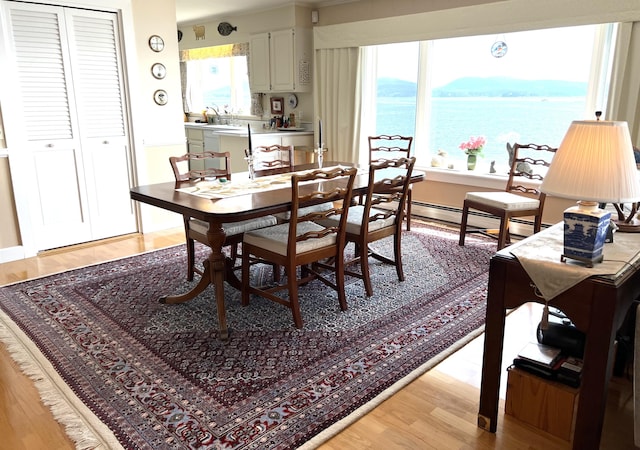 463 Seawall Rd, Southwest Harbor, ME 04679 - dining area with light wood-style flooring, baseboard heating, and a water view