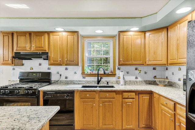 21 Heritage Ln, Orland, ME 04472 - kitchen featuring black appliances, ventilation hood, light stone counters, and decorative backsplash