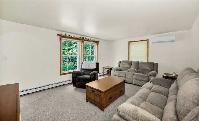 21 Heritage Ln, Orland, ME 04472 - living area featuring a baseboard radiator, a wall unit AC, and light colored carpet