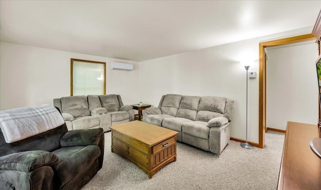 21 Heritage Ln, Orland, ME 04472 - living room featuring a wall mounted air conditioner and light colored carpet