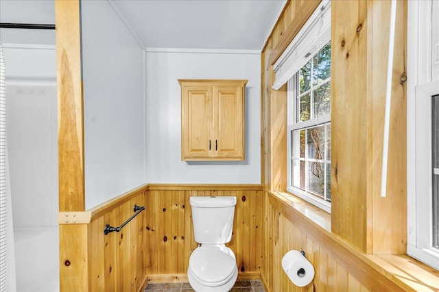 21 Heritage Ln, Orland, ME 04472 - bathroom featuring wainscoting, wood walls, and ornamental molding