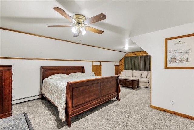21 Heritage Ln, Orland, ME 04472 - bedroom featuring a baseboard radiator, wood walls, lofted ceiling, carpet floors, and ceiling fan