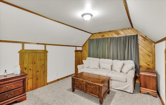 21 Heritage Ln, Orland, ME 04472 - carpeted living area featuring lofted ceiling and wooden walls
