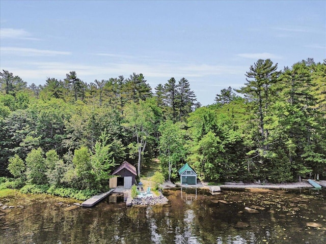 21 Heritage Ln, Orland, ME 04472 - water view featuring a forest and a boat dock