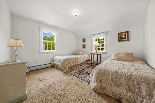 42 Sylvan Rd, South Portland, ME 04106 - bedroom featuring a baseboard radiator, multiple windows, lofted ceiling, and carpet floors