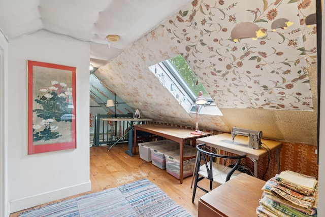 168 S Rd, Chebeague Island, ME 04017 - office area with vaulted ceiling, hardwood / wood-style floors, and a skylight