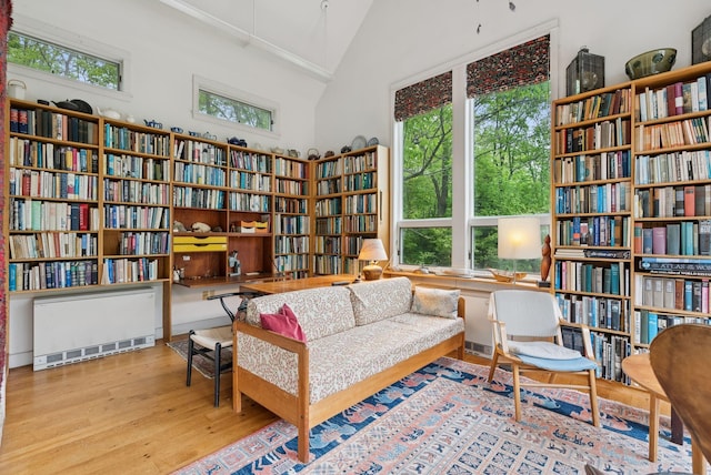 168 S Rd, Chebeague Island, ME 04017 - sitting room with bookshelves, wood finished floors, plenty of natural light, and high vaulted ceiling