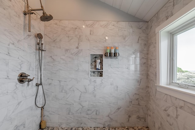 11 Ocean Spray Rd, Portland, ME 04108 - bathroom featuring lofted ceiling and tiled shower