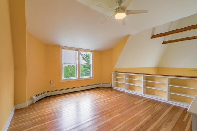 60 Cobb Rd, Belfast, ME 04915 - bonus room featuring a baseboard radiator, light wood-style flooring, ceiling fan, vaulted ceiling, and baseboards