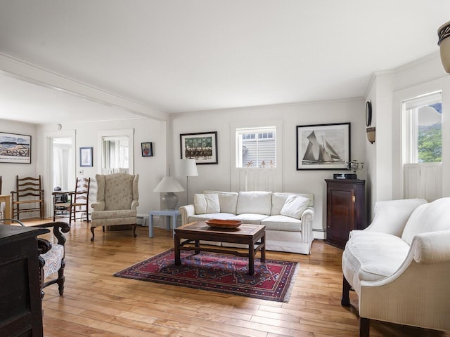 2593 Bristol Rd, Bristol, ME 04554 - living area featuring light wood-style floors, ornamental molding, and a baseboard heating unit