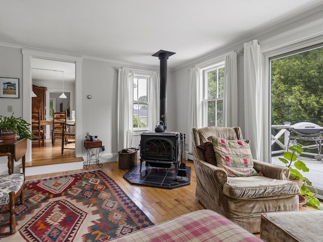 2593 Bristol Rd, Bristol, ME 04554 - living area featuring a wood stove, hardwood / wood-style flooring, crown molding, and a baseboard heating unit