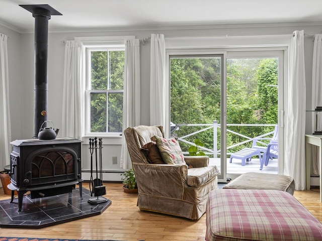 2593 Bristol Rd, Bristol, ME 04554 - living area with a wood stove, baseboard heating, crown molding, and wood finished floors