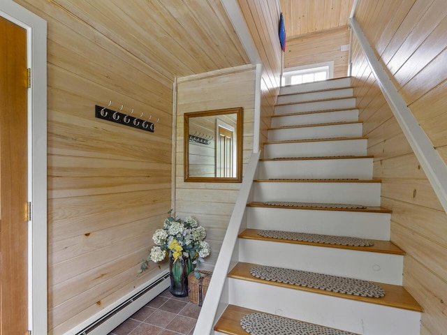 2593 Bristol Rd, Bristol, ME 04554 - stairway featuring wooden walls, tile patterned floors, wood ceiling, and baseboard heating