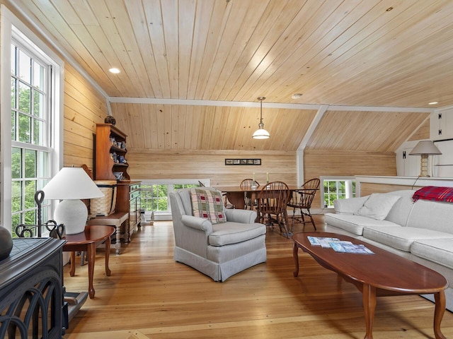 2593 Bristol Rd, Bristol, ME 04554 - living room featuring wooden ceiling, wood walls, light wood-style flooring, and recessed lighting