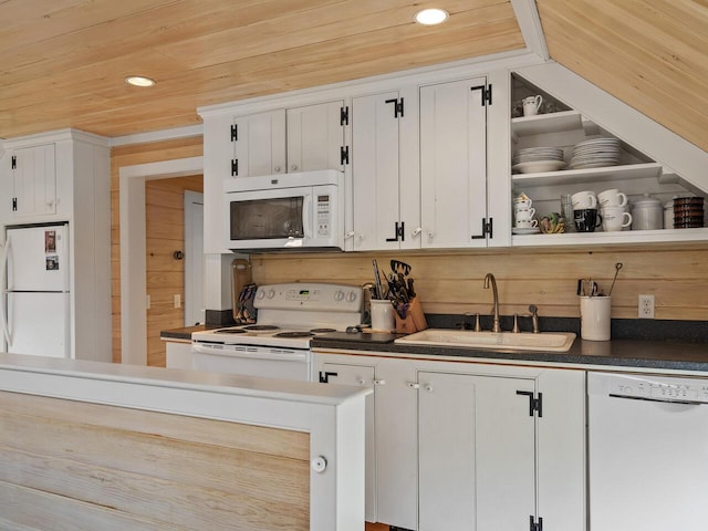 2593 Bristol Rd, Bristol, ME 04554 - kitchen featuring white appliances, dark countertops, recessed lighting, white cabinets, and open shelves