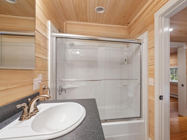 2593 Bristol Rd, Bristol, ME 04554 - bathroom featuring wood ceiling, wooden walls, an enclosed shower, a baseboard heating unit, and vanity