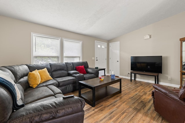 7 Bobcat Ln Unit 7, Berwick, ME 03901 - living area with lofted ceiling, wood finished floors, a textured ceiling, and baseboards