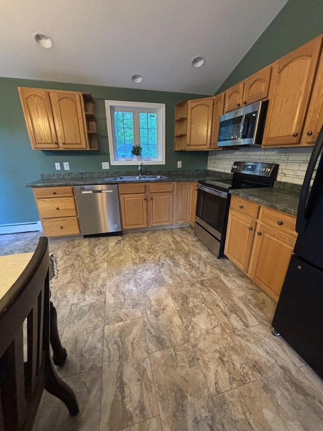 69 Frasier Ln, Acton, ME 04001 - kitchen featuring appliances with stainless steel finishes, open shelves, lofted ceiling, dark countertops, and decorative backsplash