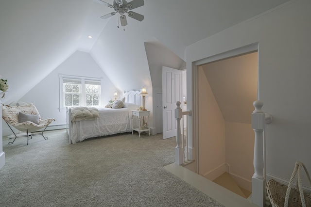 55 Ferry Rd, Swans Island, ME 04685 - bedroom featuring vaulted ceiling, carpet flooring, and ceiling fan