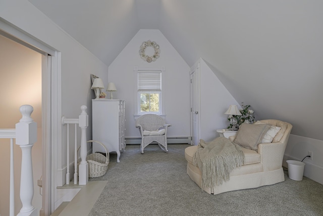 55 Ferry Rd, Swans Island, ME 04685 - living area featuring carpet, lofted ceiling, an upstairs landing, and baseboard heating