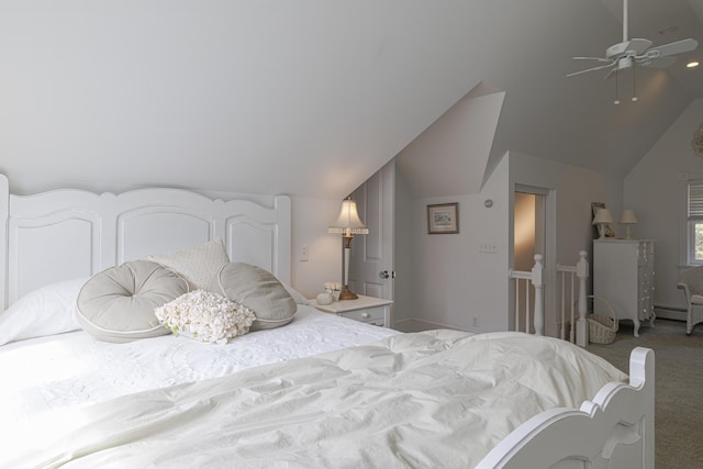 55 Ferry Rd, Swans Island, ME 04685 - carpeted bedroom with lofted ceiling, a baseboard heating unit, and a ceiling fan