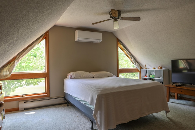 178 Clinton Ave, Winslow, ME 04901 - carpeted bedroom featuring a wall unit AC, a textured ceiling, a baseboard heating unit, lofted ceiling, and ceiling fan