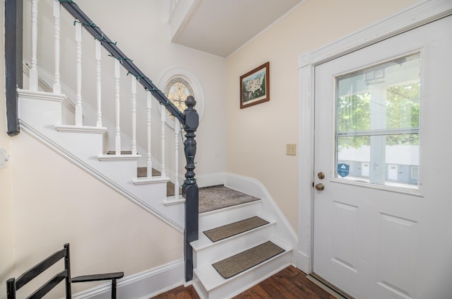 29 Zions Hill Rd, Dexter, ME 04930 - entryway featuring stairs, crown molding, and wood finished floors