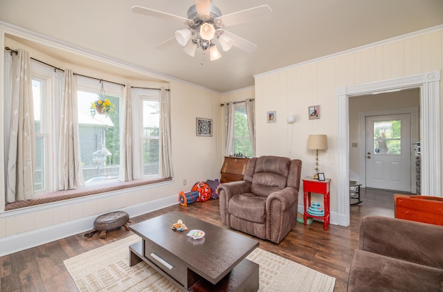 29 Zions Hill Rd, Dexter, ME 04930 - living room featuring ornamental molding, healthy amount of natural light, wood finished floors, and a ceiling fan