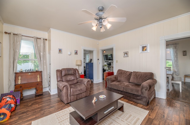 29 Zions Hill Rd, Dexter, ME 04930 - living area with ornamental molding, wood finished floors, ceiling fan, and healthy amount of natural light