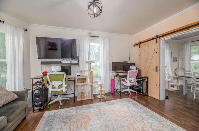 29 Zions Hill Rd, Dexter, ME 04930 - living area with wood finished floors, a barn door, crown molding, and an office area