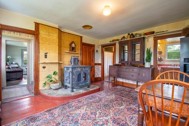 511 Main Rd, Phippsburg, ME 04562 - living area featuring a wood stove and dark wood-style floors