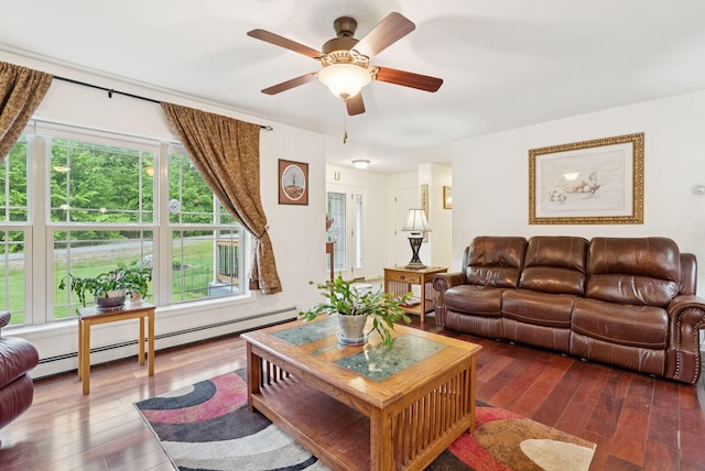 31 Knight Way N, Yarmouth, ME 04097 - living room featuring hardwood / wood-style floors, a baseboard heating unit, ceiling fan, and healthy amount of natural light